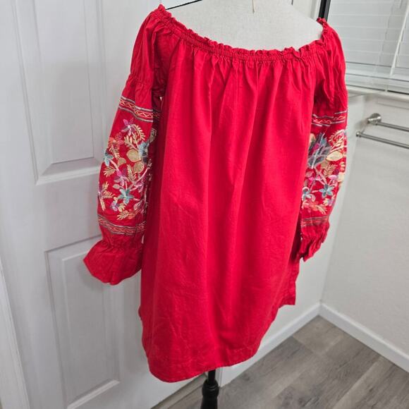 Free People Off Shoulder Embroidered Boho Dress S Red Floral Festival Gypsy Chic - Picture 5 of 12